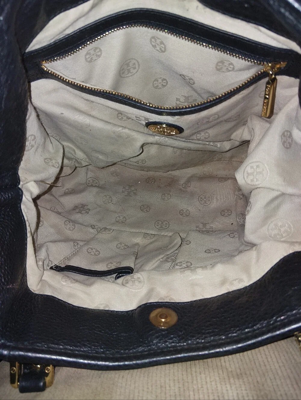 Tory Burch Black Pebbled Leather Tote with Gold Logo